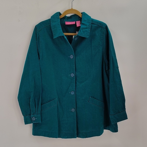 Woman Within Green Button Up Jacket Peacoat Style Pleated Back Size Medium - Picture 1 of 7